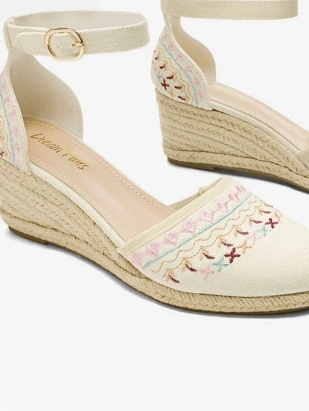 Dream Pairs Cream Embroidered Ankle-Strap Espadrille Wedges
